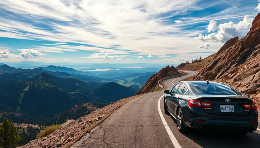Generate an image of a car driving up the Pikes Peak Highway with scenic views. Generate an image of a car driving up the Pikes Peak Highway with scenic views.