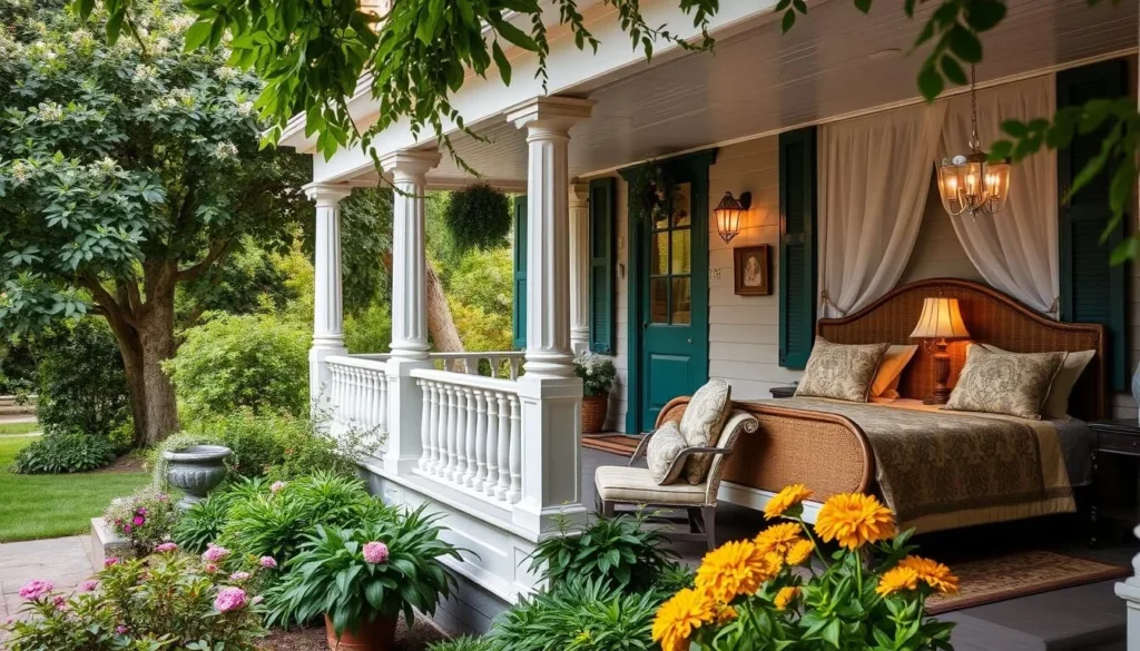 Generate an image of a charming bed and breakfast with a serene garden-lined porch and two spacious guest suites.