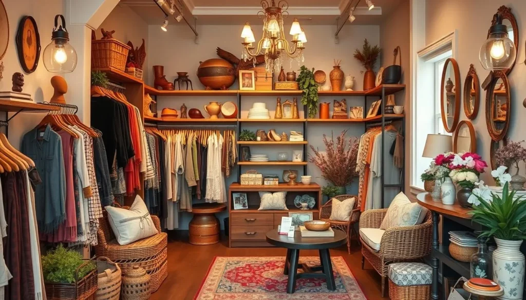 Generate an image of a charming boutique with unique clothing, accessories, and home decor items.