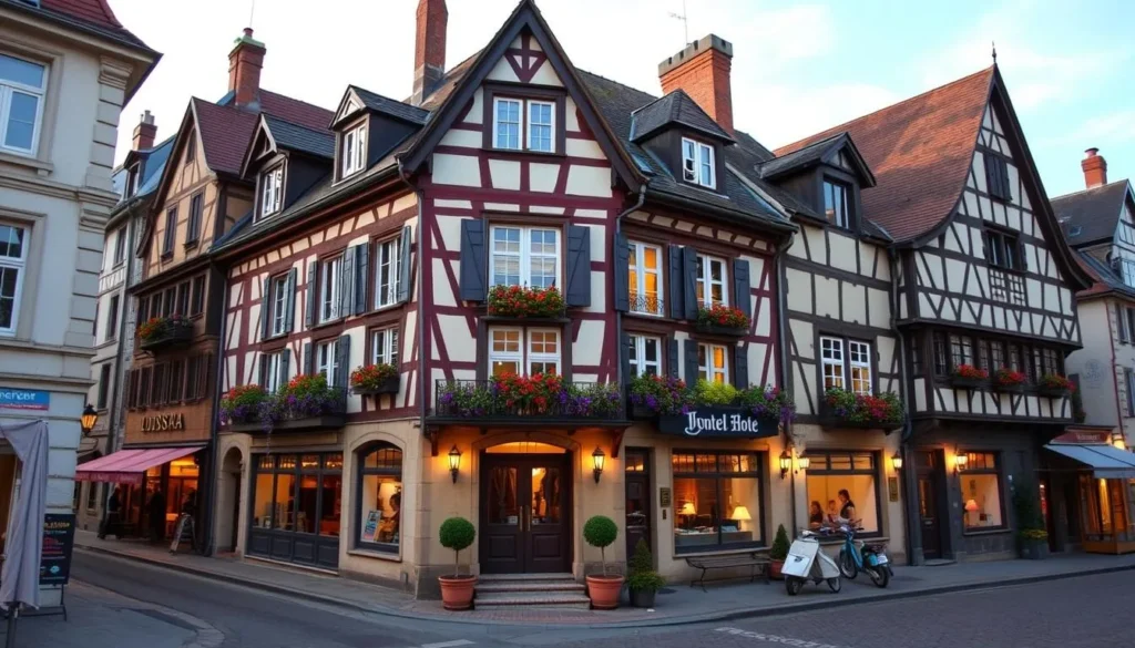 Generate an image of a charming hotel in Colmar's city center.