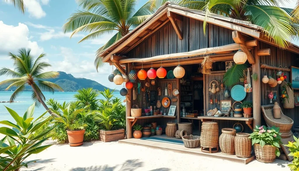 Generate an image of a charming island shop with handmade crafts and souvenirs.