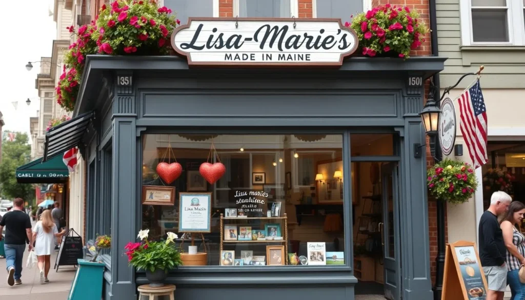 Generate an image of a charming storefront with a sign reading "Lisa-Marie's Made in Maine" amidst a bustling downtown area.