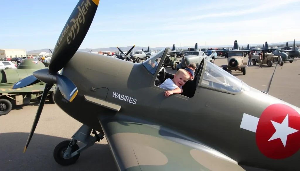 Generate an image of a child climbing into a historic aircraft at the Estrella Warbirds Museum, with a background of other military vehicles.