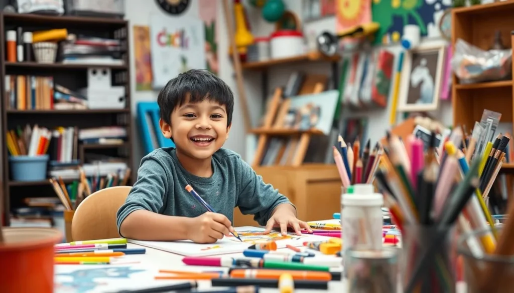 Generate an image of a child creating art at Catalyst Creative Arts, with a variety of art supplies and materials available.