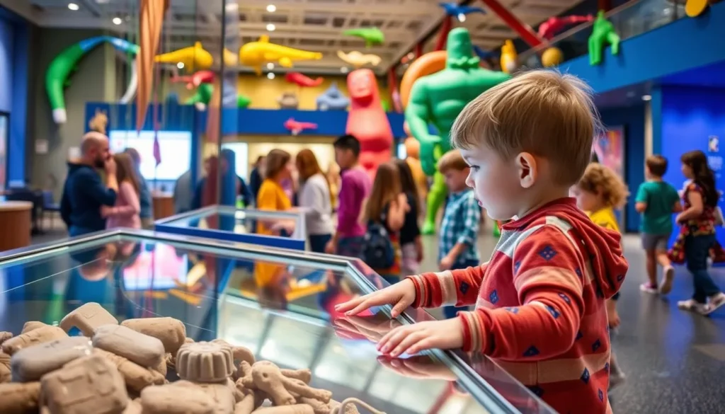 Generate an image of a child interacting with an exhibit at the Kalamazoo Valley Museum