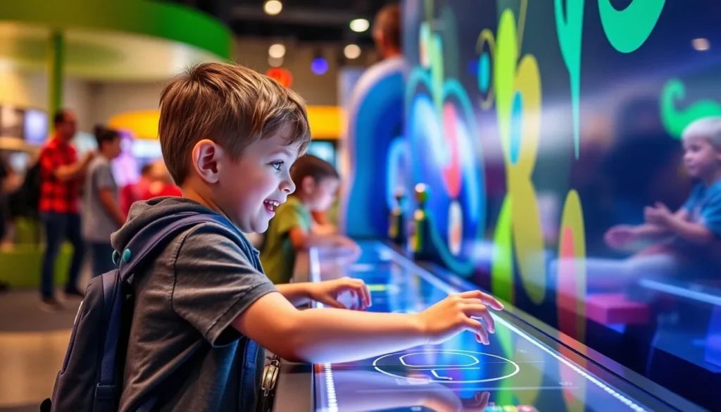 Generate an image of a child interacting with one of miSci's hands-on exhibits.