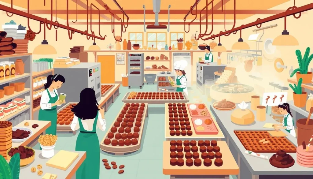 Generate an image of a chocolate factory with people making chocolates by hand.