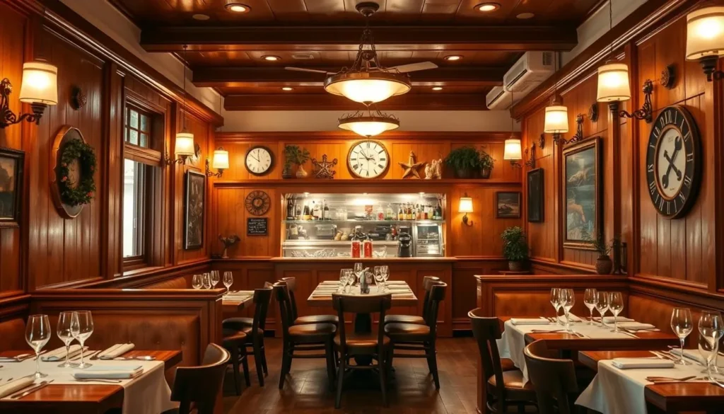 Generate an image of a classic seafood restaurant with a warm, wood-paneled interior.