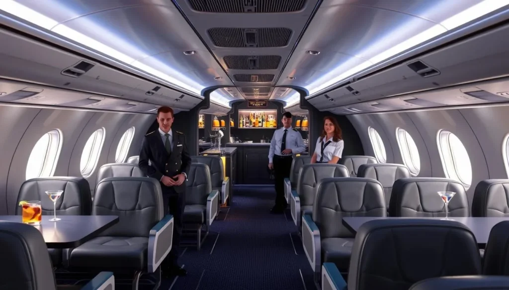 Generate an image of a cocktail bar themed like an airplane cabin, complete with airplane seats and staff dressed as pilots.