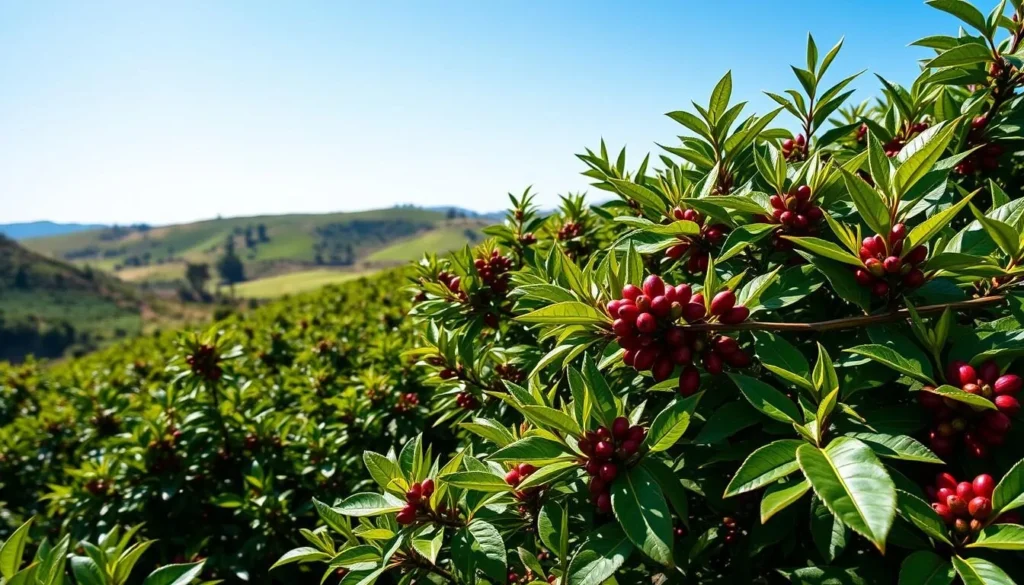 Generate an image of a coffee plantation in Kissidougou, Guinea, with lush green coffee plants and rolling hills in the background.