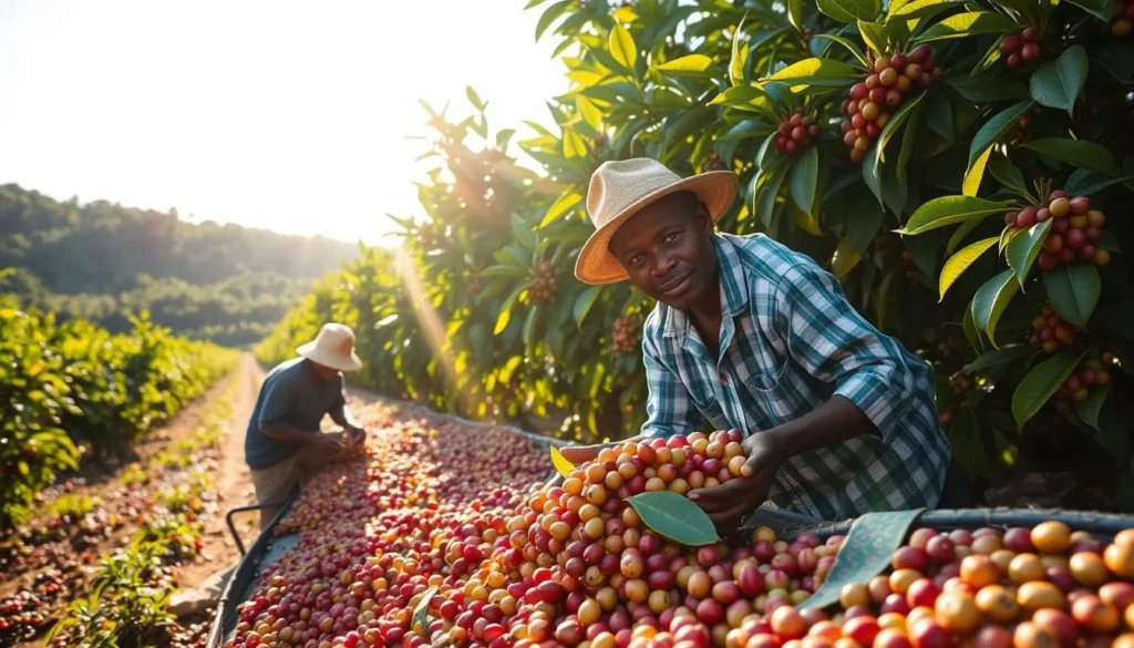 Generate an image of a coffee plantation in Kwanza Sul, Angola, with workers harvesting coffee beans.