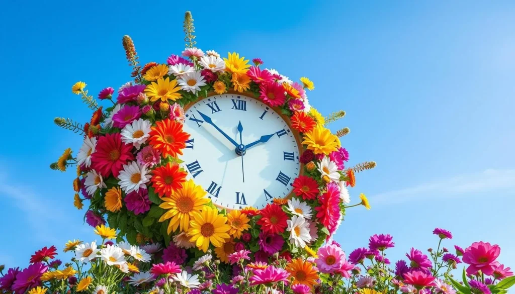 Generate an image of a colorful flower clock with changing seasonal flowers, set against a clear blue sky.