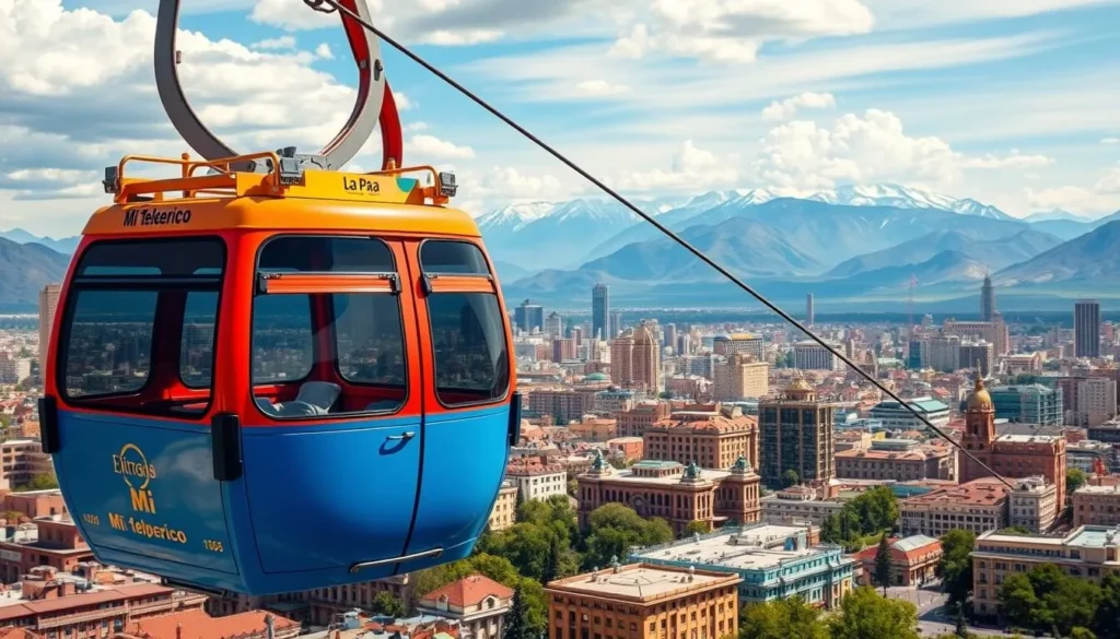 Generate an image of a colorful gondola of Mi Teleférico cable car soaring above La Paz city.