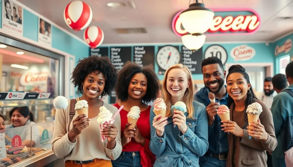 Generate an image of a colorful ice cream parlor with happy customers enjoying their treats.