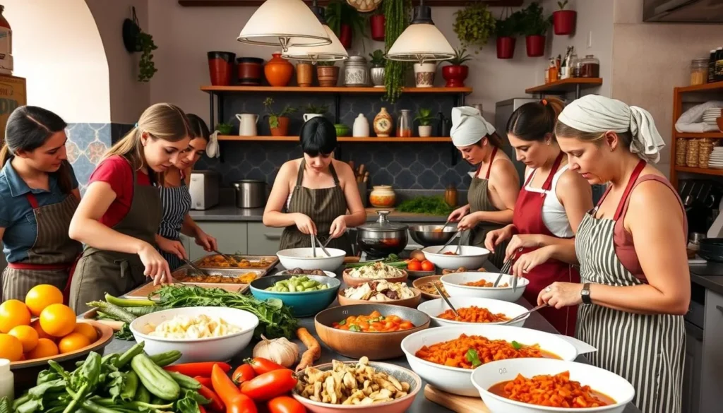 Generate an image of a cooking class in Seville, Spain, where participants are preparing traditional Andalusian dishes