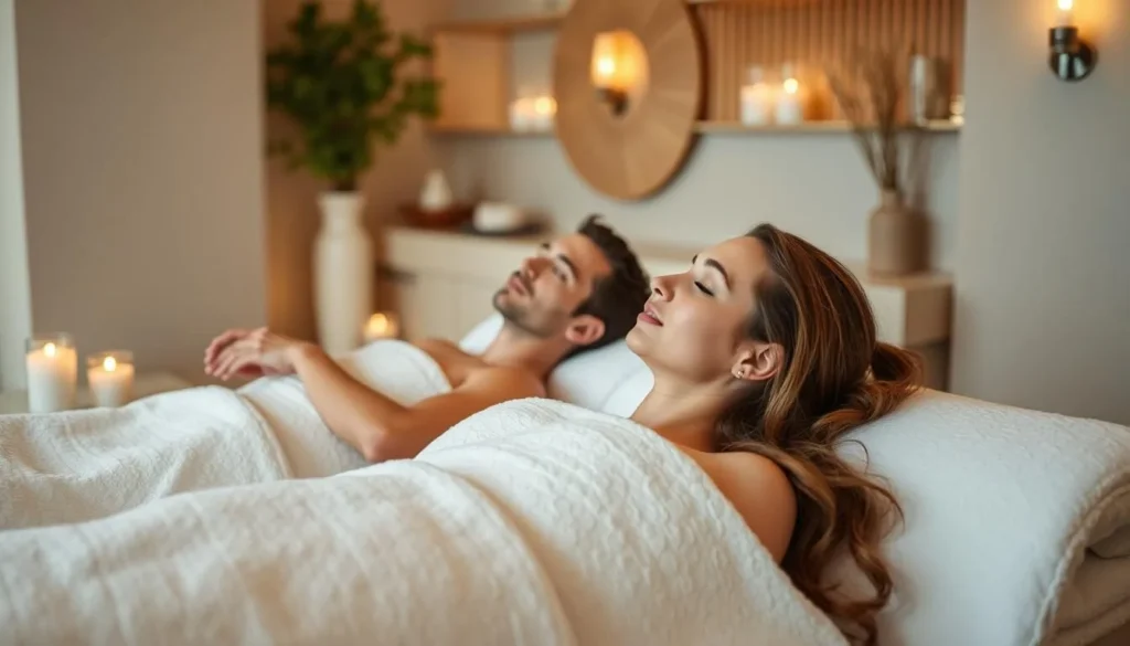 Generate an image of a couple enjoying a spa treatment at GrapeSeed Spa.