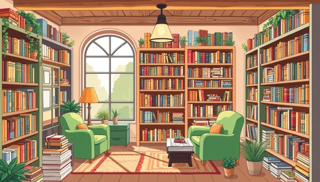 Generate an image of a cozy bookstore with comfortable reading nooks and shelves filled with books.