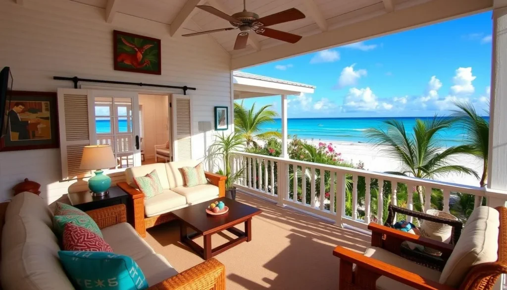 Generate an image of a cozy, budget-friendly villa near the beach on Great Exuma Island.