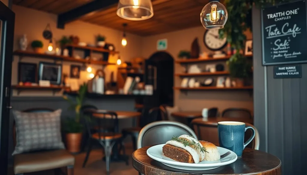 Generate an image of a cozy café in Te Anau, with a warm atmosphere and delicious local food.