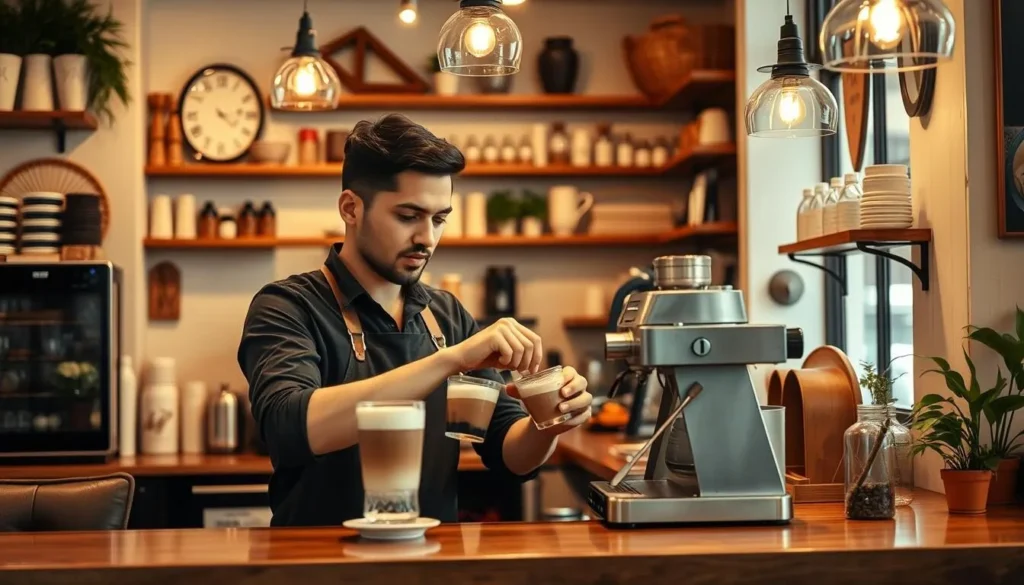 Generate an image of a cozy coffee shop with a warm atmosphere, featuring a barista expertly crafting a specialty coffee drink.