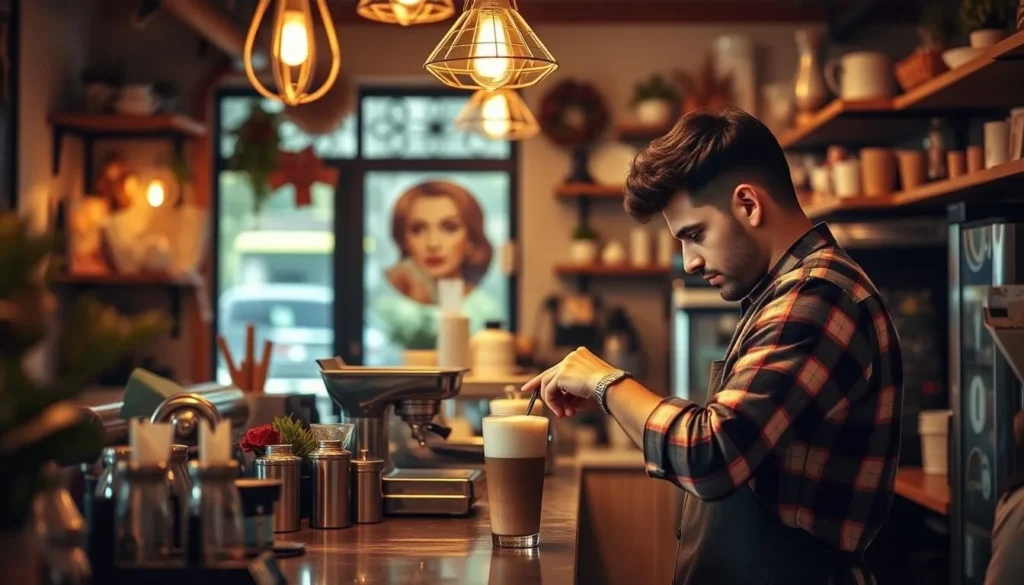 Generate an image of a cozy coffee shop with a warm atmosphere, featuring a barista expertly crafting a coffee drink.