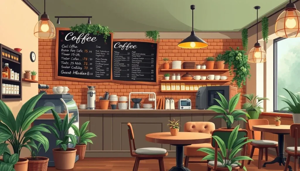 Generate an image of a cozy coffee shop with a warm atmosphere, featuring a menu with artisanal coffee options.