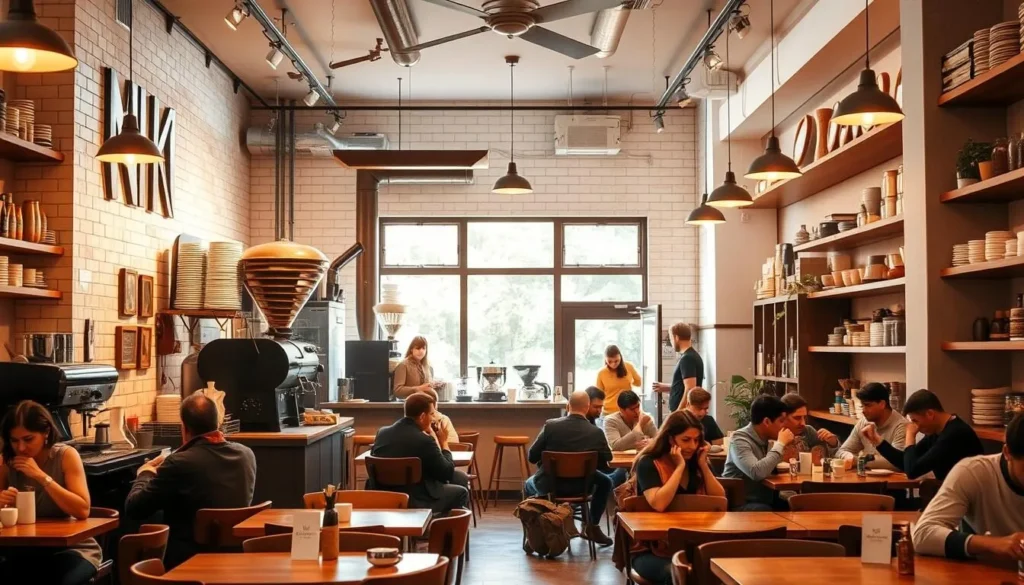 Generate an image of a cozy coffee shop with a warm atmosphere, featuring a roasting area in the background.