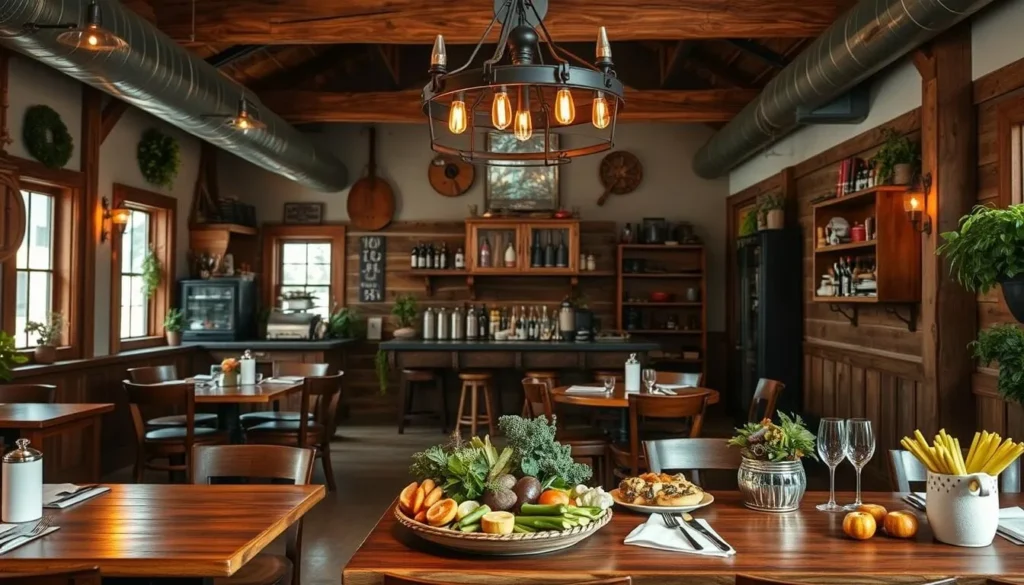 Generate an image of a cozy farm-to-table restaurant in Iowa Falls.