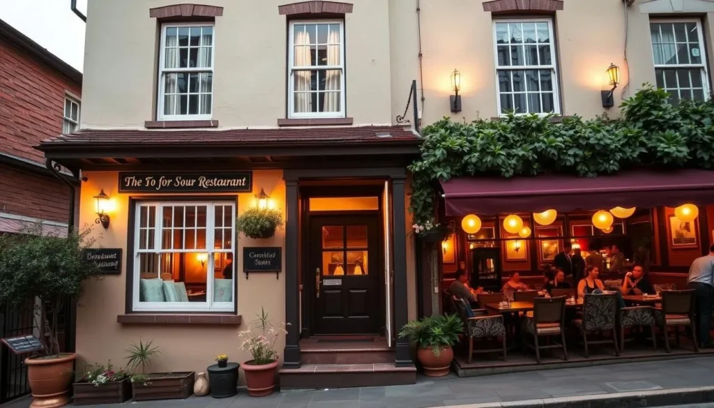 Generate an image of a cozy guesthouse with four suites, conveniently located across from a popular restaurant.