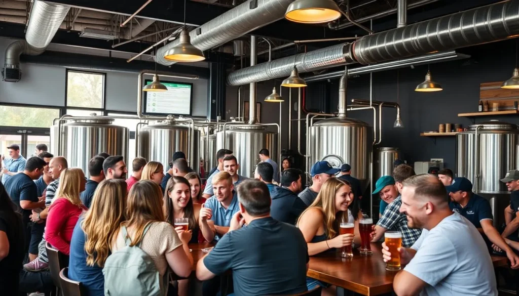 Generate an image of a craft brewery in Vancouver, WA, with a tasting room and patrons enjoying beer.