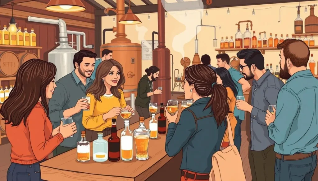 Generate an image of a craft distillery with a tour group tasting spirits.