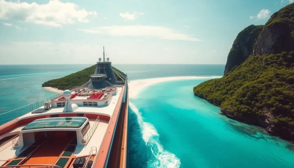 Generate an image of a cruise ship approaching a beautiful island with white sand beaches.