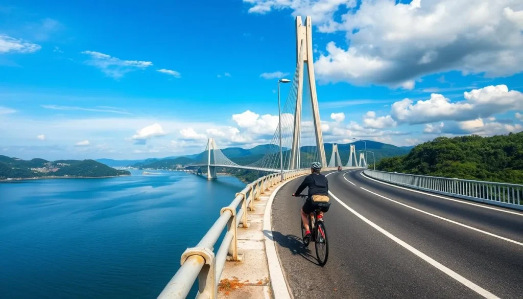 Generate an image of a cyclist riding across the Shimanami Kaido bridge