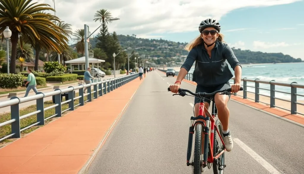 Generate an image of a cyclist riding along the Manly to Shelly Beach promenade.