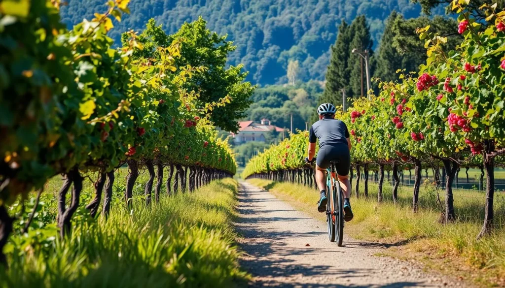 Generate an image of a cyclist riding along the Vine Trail.