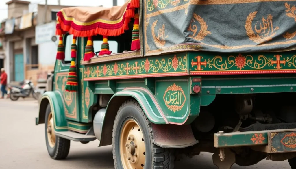 Generate an image of a decorated Pakistani truck with vibrant colors and intricate designs.