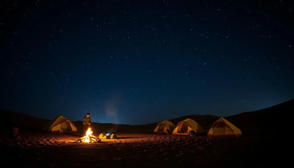 Generate an image of a desert camping scene at night with a bonfire and stars above.