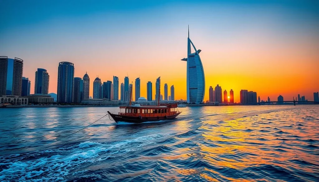 Generate an image of a dhow cruise in Dubai Marina at sunset