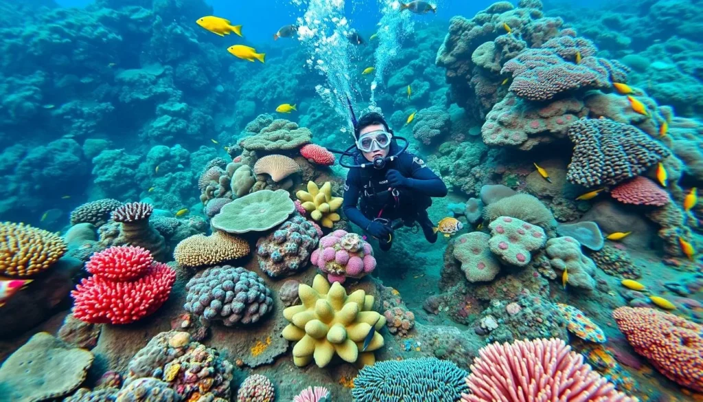 Generate an image of a diver exploring a vibrant coral reef in Comoros