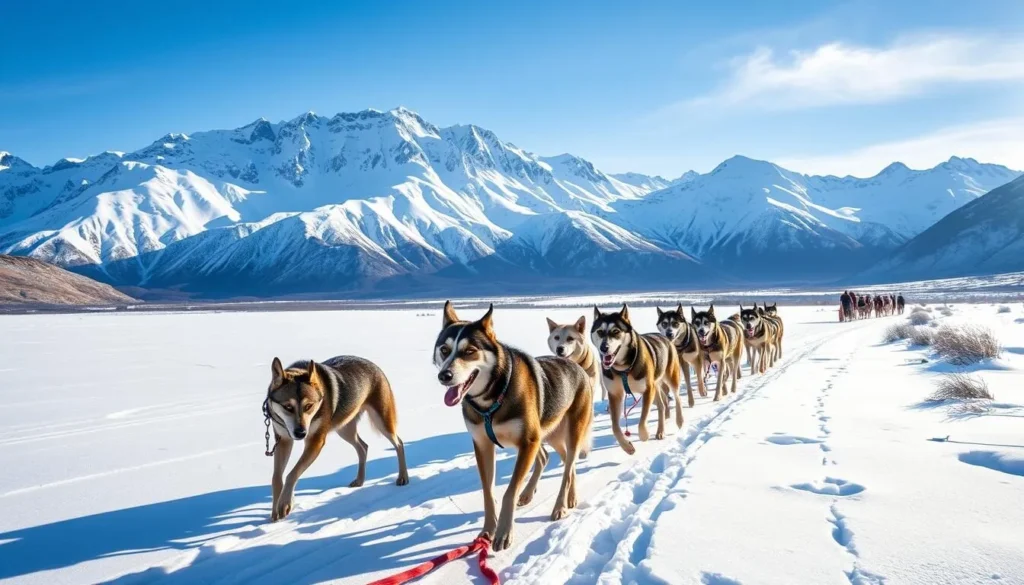 Generate an image of a dog sledding tour in the snowy mountains near Ushuaia.