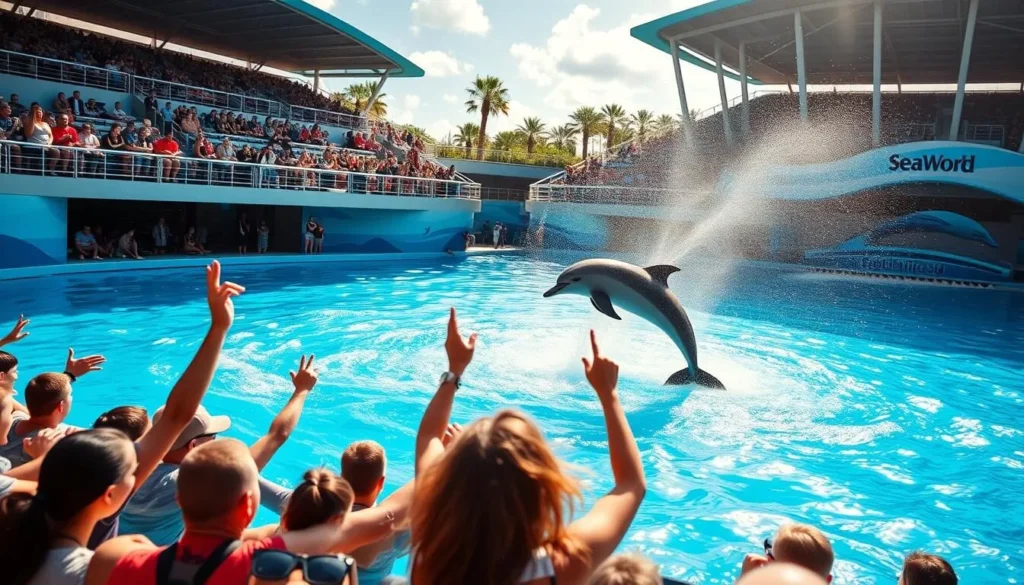 Generate an image of a dolphin show at SeaWorld Orlando.