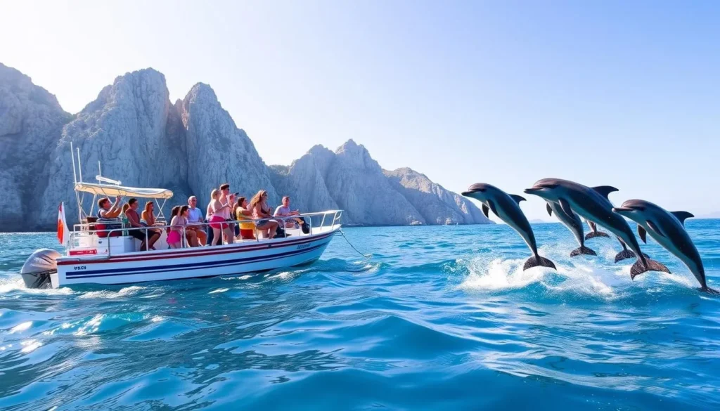 Generate an image of a dolphin watching tour in the Bay of Gibraltar.
