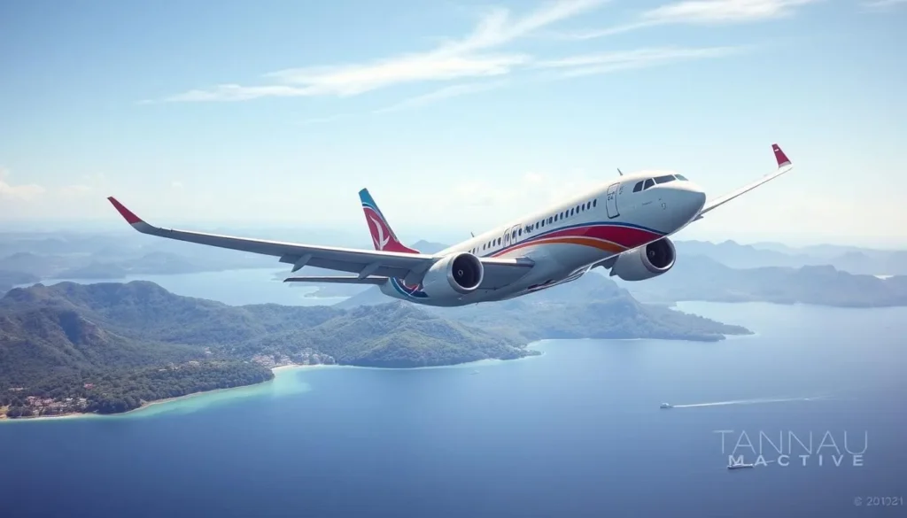 Generate an image of a domestic flight taking off from Port Vila to Tanna Island.