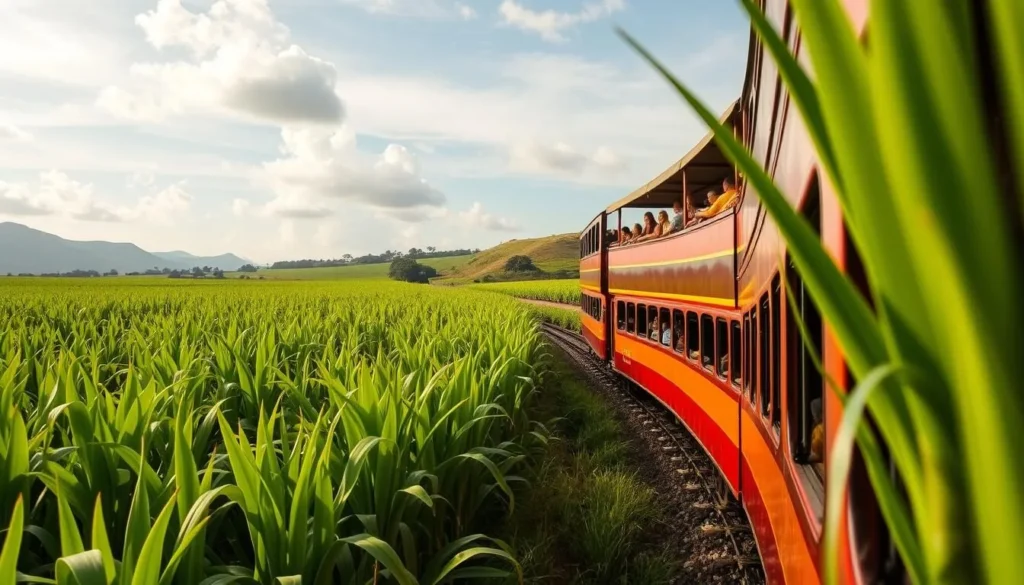Generate an image of a double-decker train traveling through a lush sugar cane field in St. Kitts.