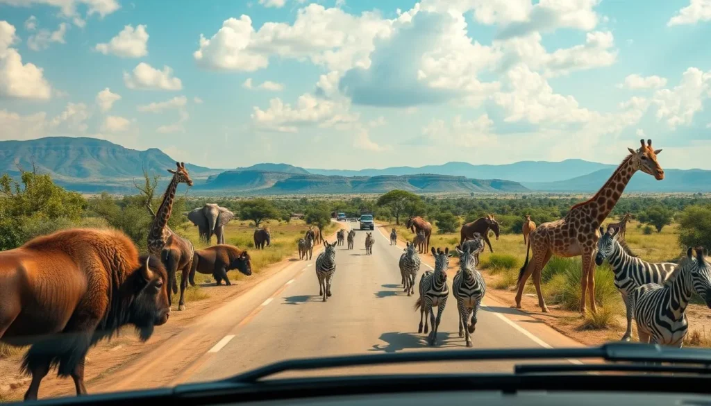 Generate an image of a drive-through safari park with various wild animals like bison, zebras, and giraffes.