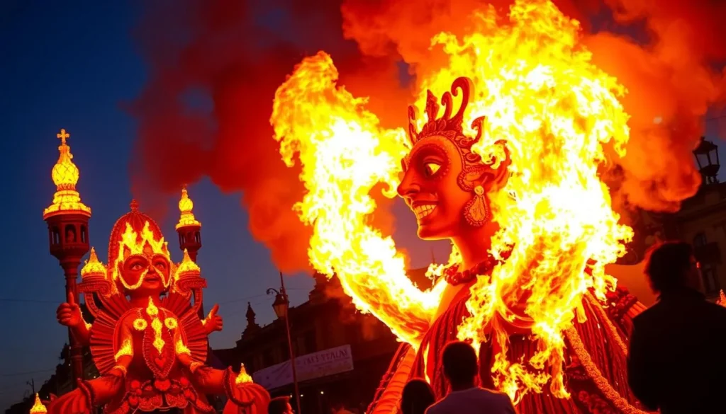 Generate an image of a falla sculpture being burned during the Las Fallas Festival.