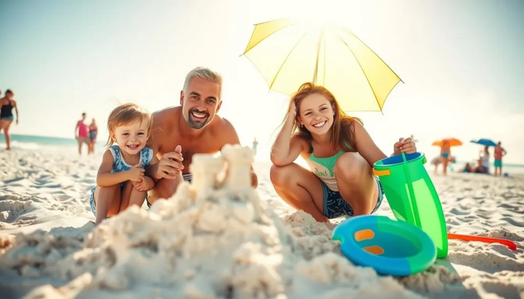 Generate an image of a family building sandcastles and renting beach equipment on Cocoa Beach.