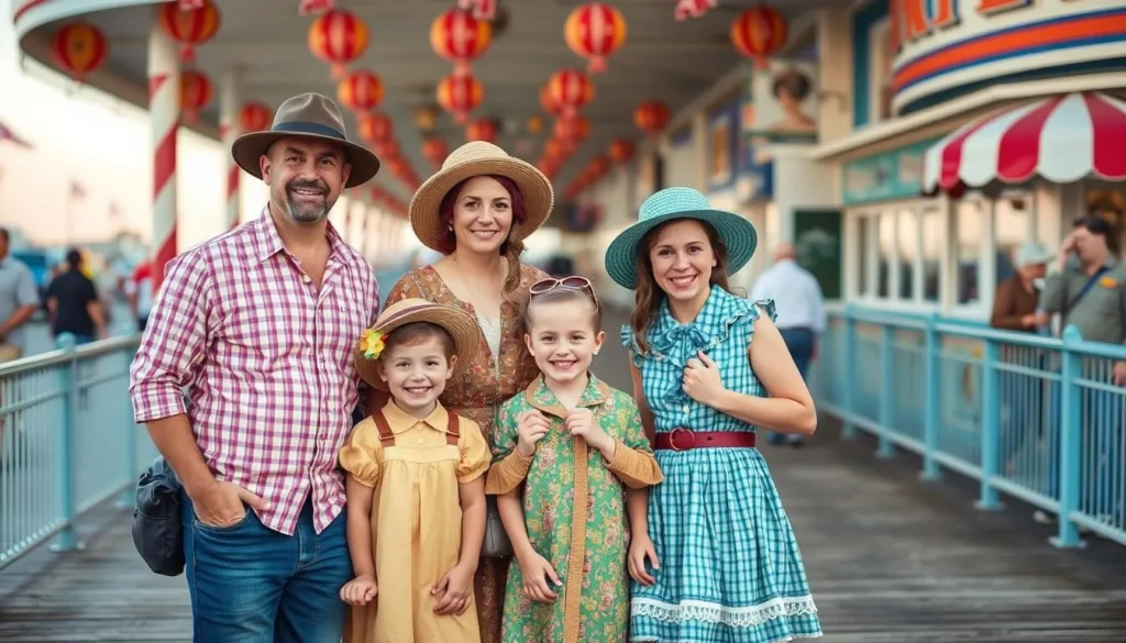 Generate an image of a family dressed in old-time costumes posing for a photo on the Rehoboth Beach Boardwalk.