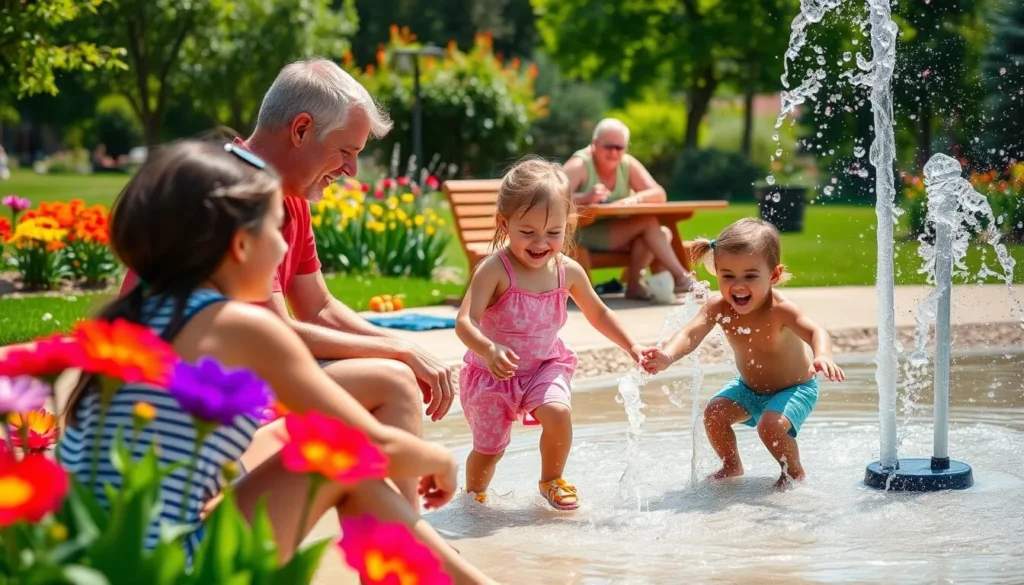 Generate an image of a family enjoying a day at Ernesto Gamez Cascade Park, with children playing at a splash pad and adults picnicking in the background.