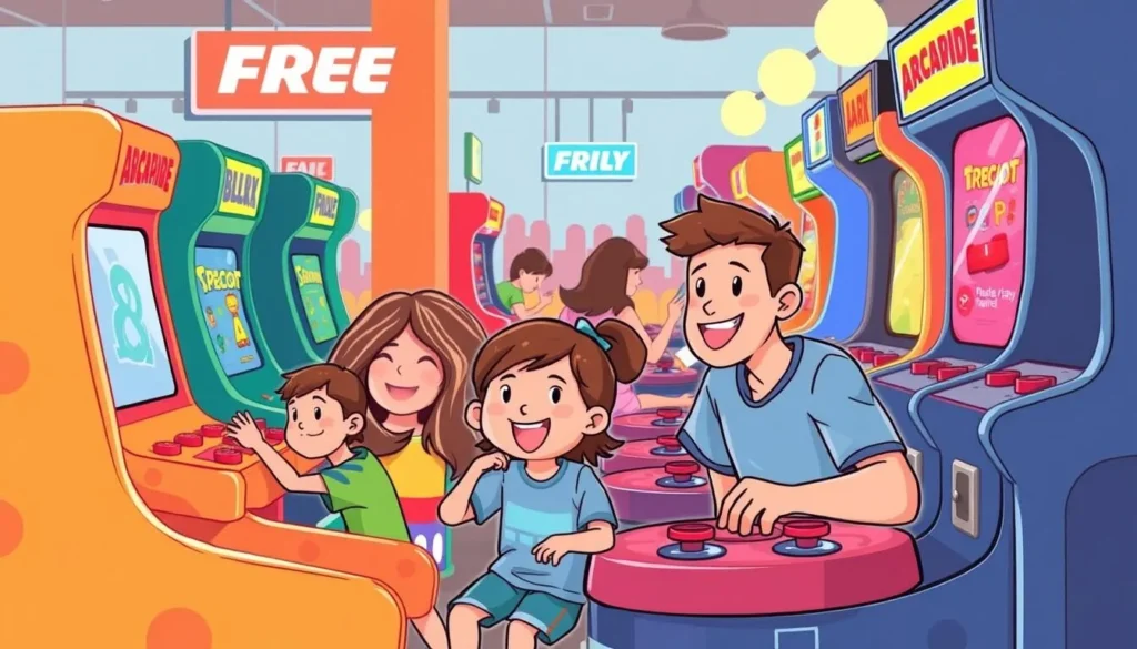 Generate an image of a family enjoying a day at Free Play Arcade Arlington, with kids playing various arcade games and parents relaxing nearby.